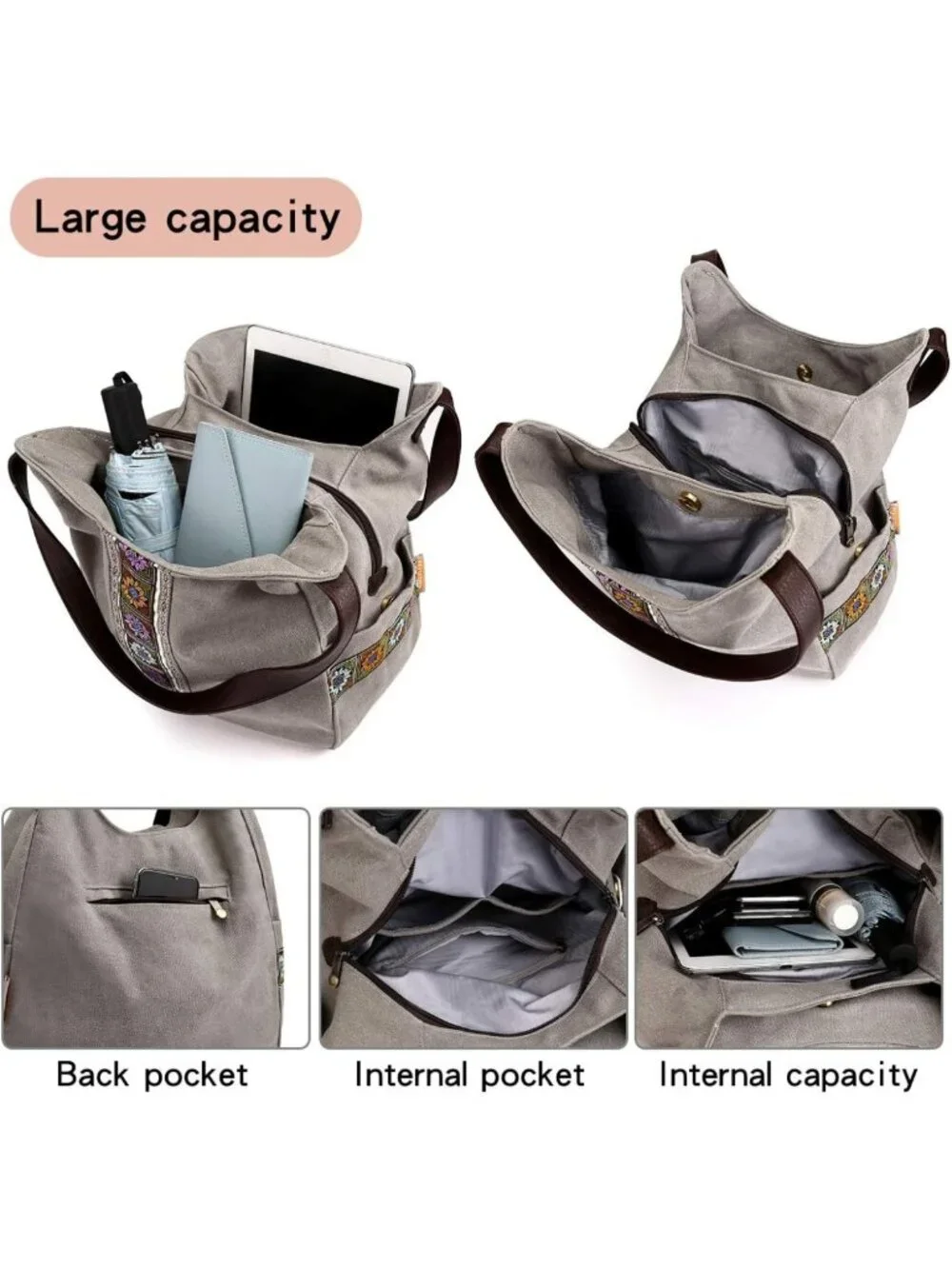 Stylish Women’s Canvas Hobo Tote Bag - Multi Pocket, Embroidered Shoulder